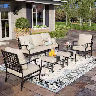 PHI VILLA Black 5-Piece Metal Meshed 7-Seat Outdoor Patio Conversation Set with Beige Cushions an... | The Home Depot