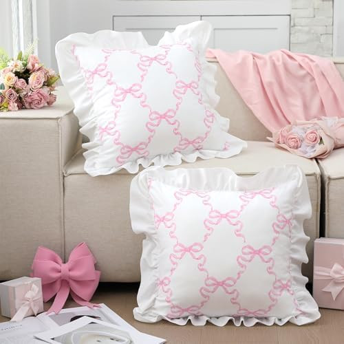 18 x 18'' Bow Pillow Covers Set of 2 Pink Ruffle Pillow Cases Coquette Pillowcase Sham Covers Cut... | Amazon (US)