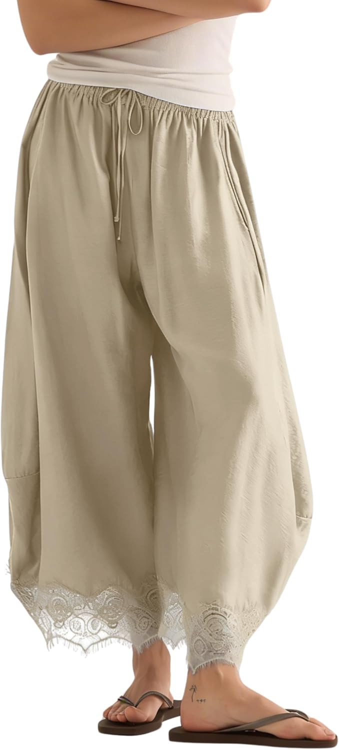 Women's Cropped Lace Hem Pants High Waist Drawstring Wide Leg Pants | Amazon (US)