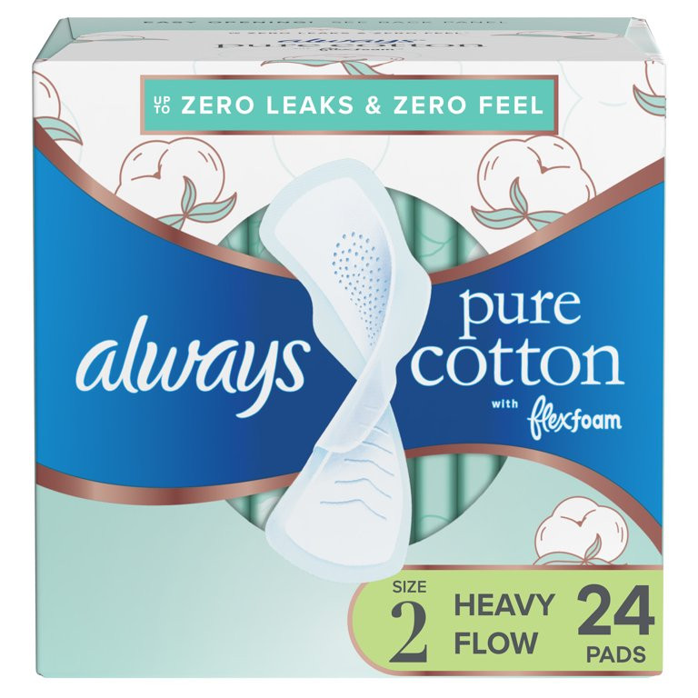 Always Pure Cotton Feminine Pads for Women, Size 2, Heavy Flow, with Wings, Unscented, 24 Ct | Walmart (US)