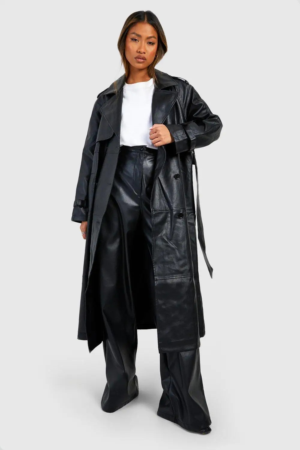 Jackets & Coats | Double Breast Faux Leather Maxi Trench Coat | boohoo | Boohoo.com (UK & IE)