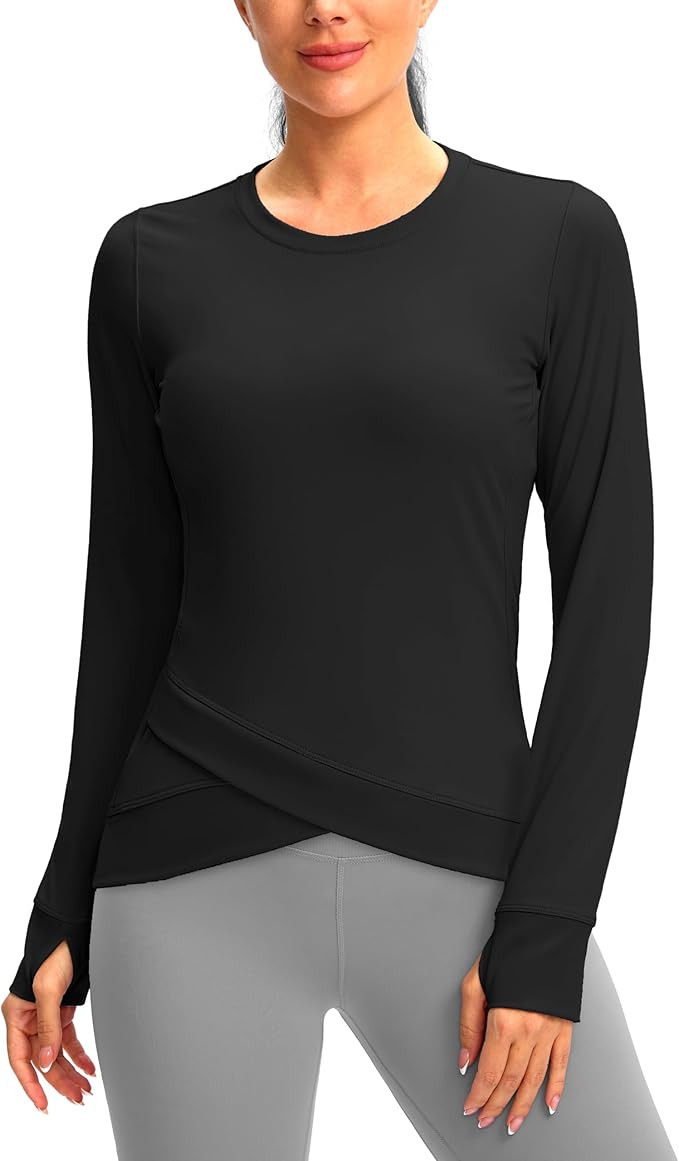 SANTINY Women's Long Sleeve Workout Tops Athletic Compression Shirts Cross Hem Running Gym Yoga S... | Amazon (US)