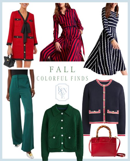 Colorful fall finds that I just love! Reds, greens, and blues…fall outfit, fall dress, navy and red lady jacket, green pants, red and blue dress, green cardigan, red handbag

#LTKSeasonal #LTKstyletip #LTKover40
