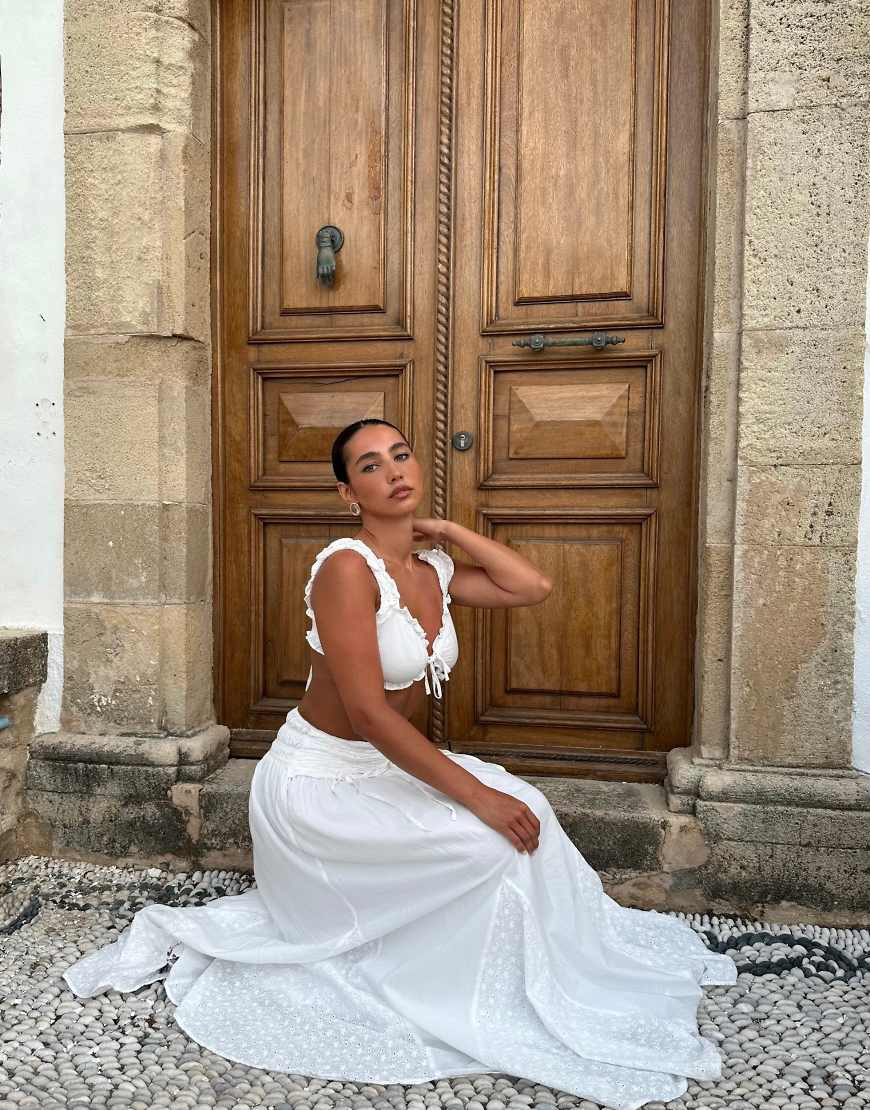 Wanderdoll Emmy cotton broderie foldover waist maxi skirt co-ord in white | ASOS (Global)