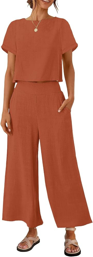 ZESICA Women's 2 Piece Outfits Linen Short Sleeve Crop Top and High Waist Pants Lounge Matching S... | Amazon (US)