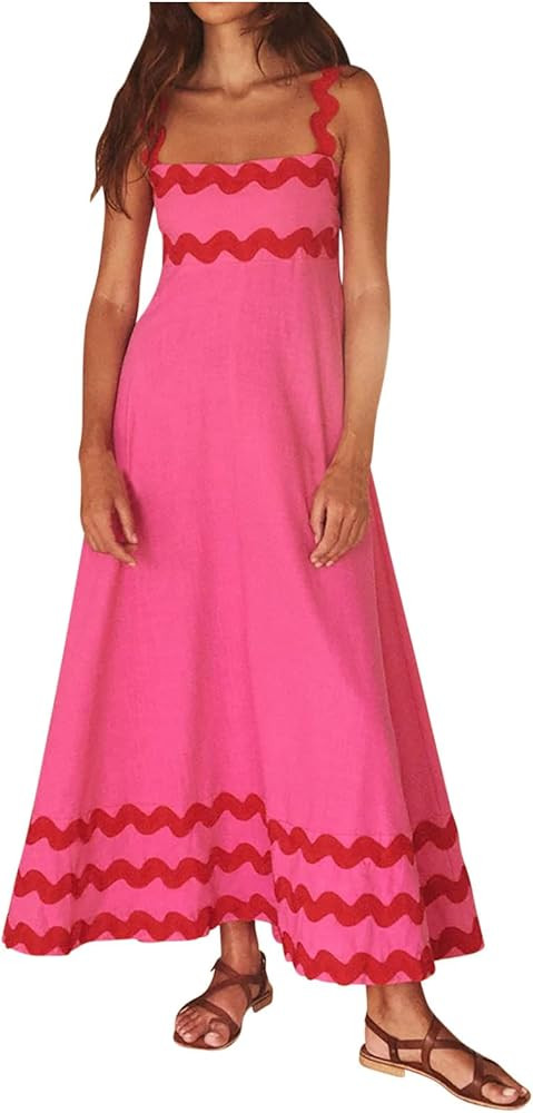 Womens Summer Spaghetti Strap Dress Sexy Rickrack Trim Boho Flowy Loose A-Line Midi Dress Casual ... | Amazon (US)