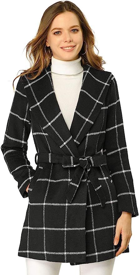 Allegra K Women's Shawl Collar Check Belted Wrap Plaid Coat with Pockets | Amazon (US)