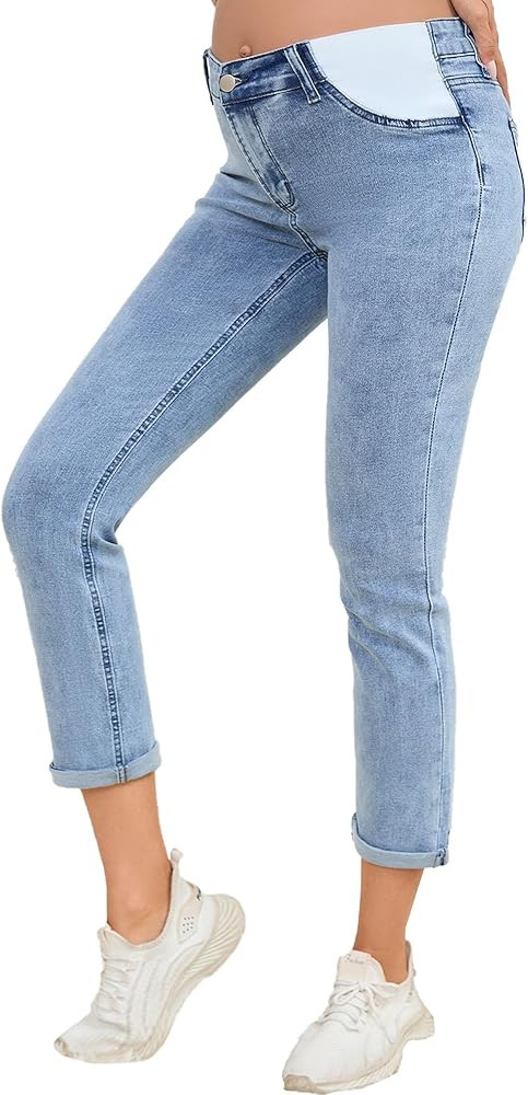 JIMYICLR Maternity Jeans for Women Comfy Stretch Slim Pregnancy Jeans Mid-Rise Under Belly Denim ... | Amazon (US)