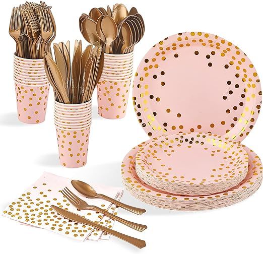 210 Piece Golden Dot Disposable Party Dinnerware Set 30 Guest -Pink Paper Plates Napkins Cups,Gol... | Amazon (US)