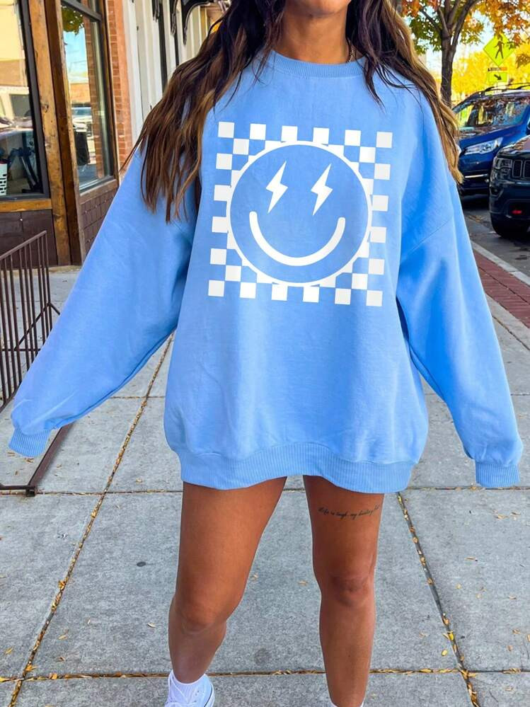 INAWLY Cartoon Face Print Drop Shoulder Sweatshirt,Ladies Spring/Fall Casual Long Sleeve Round Neck Loose Regular Blue Drop Shoulder Pullovers Women Hoodies,Long Sleeve Tops Graduation,Back To School Outfits,Graduation,Teacher Outfits For Women,Back To School | SHEIN