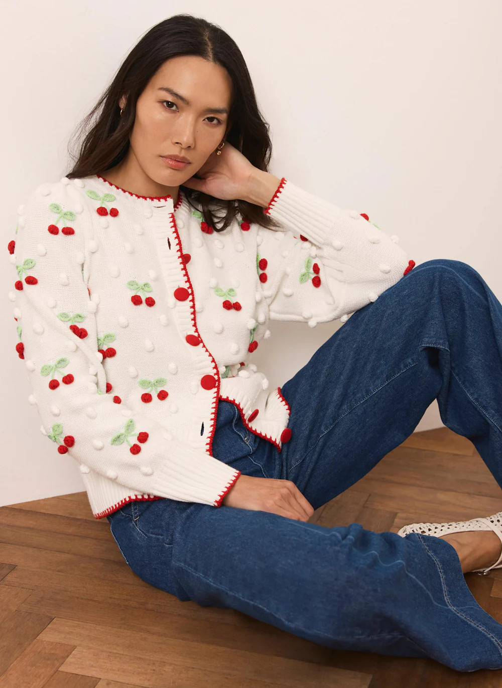 Cream Cherry Applique Knit Cardigan | Mint Velvet