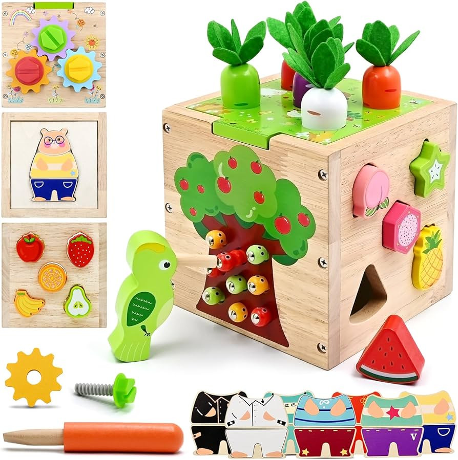 Baby Wooden Activity Cube Center Toys for 1 2 3 4 Years Old Boys Girls Birthday Gifts, 5 in 1 Mon... | Amazon (US)