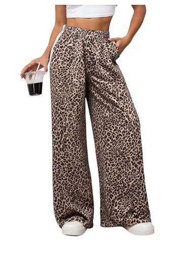 RoseSeek Women's Cheetah Leopard Pants Stripe Side Wide Leg Baggy Sweatpants Y2k Hip Hop Sweat Pants Brown Tall S | Amazon (US)