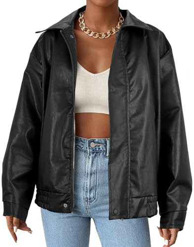 Womens Faux Leather Jacket Black Bomber Vintage Pleather Jacket Oversized Leather Blazer Motorcycle Jacket Biker Jacket Black M | Amazon (US)
