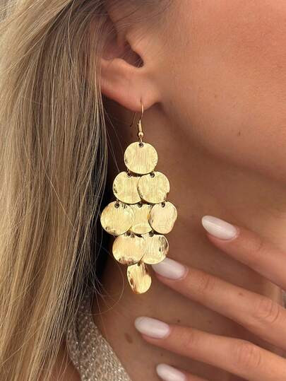 1 Pair Elegant Luxury Vacation Style Exaggerated Bold Textured Asymmetrical Metal Disc Long Tassel Earrings Suitable For Women's Daily And Vacation Wear (Surface Texture Of Discs May Vary Slightly) - Size one-size | SHEIN