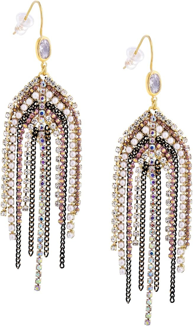 UTTMO Fringe Chandelier Drop Dangle Earrings For Women, Boho Long Handmade Bohemian CZ Crystal Rh... | Amazon (US)