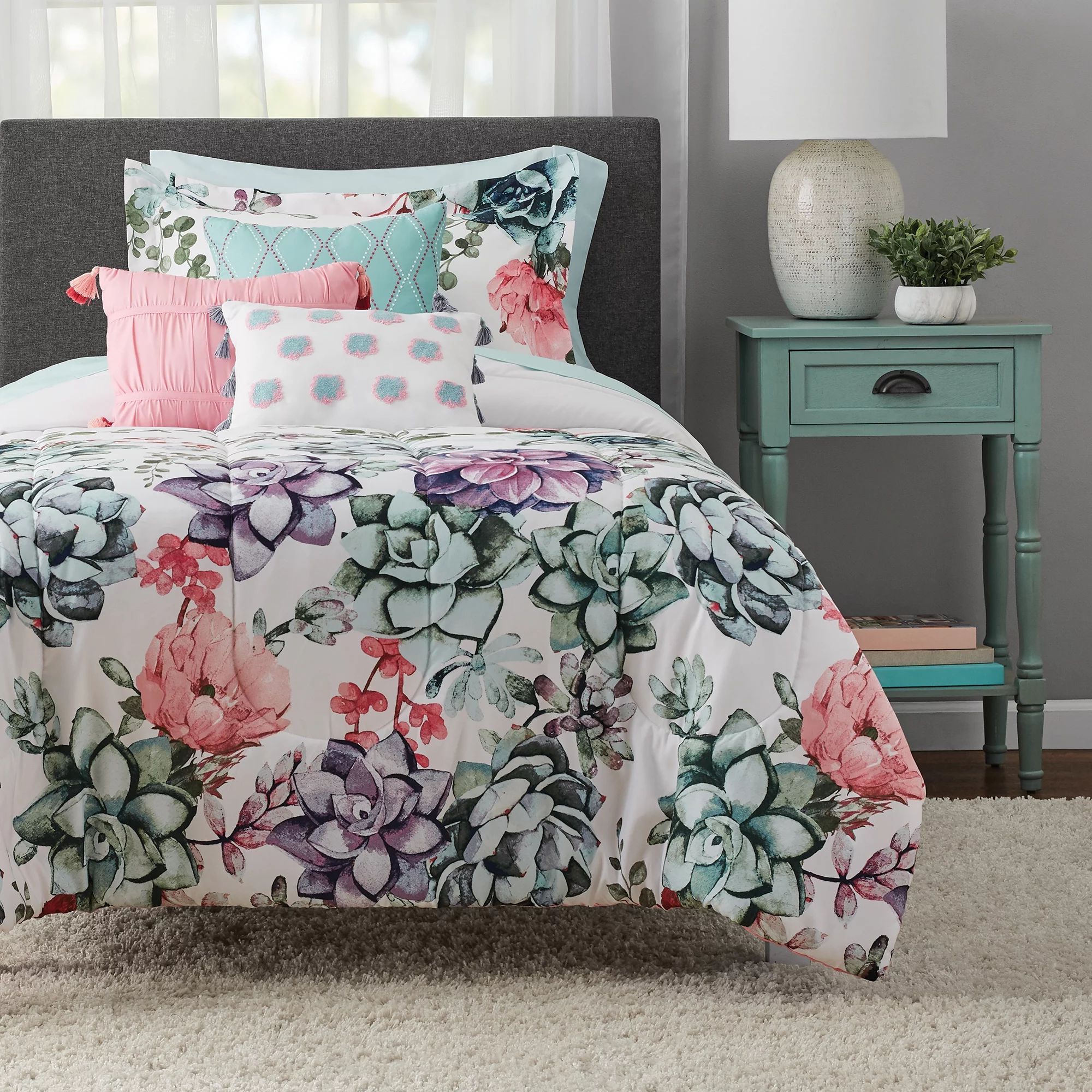 Mainstays White Floral 8 Piece Bed in a Bag Comforter Set With Sheets, Twin/Twin XL - Walmart.com | Walmart (US)