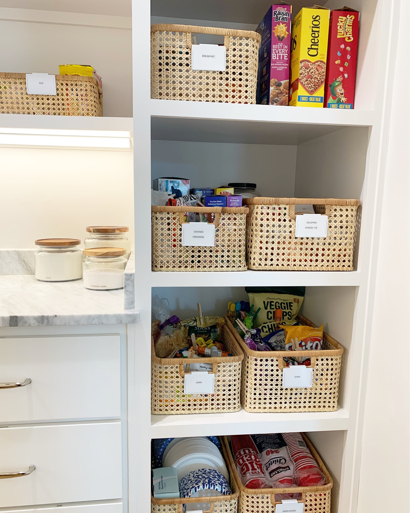 Pantry organization with baskets, jars, and label clips. ✨

#LTKfamily #LTKhome