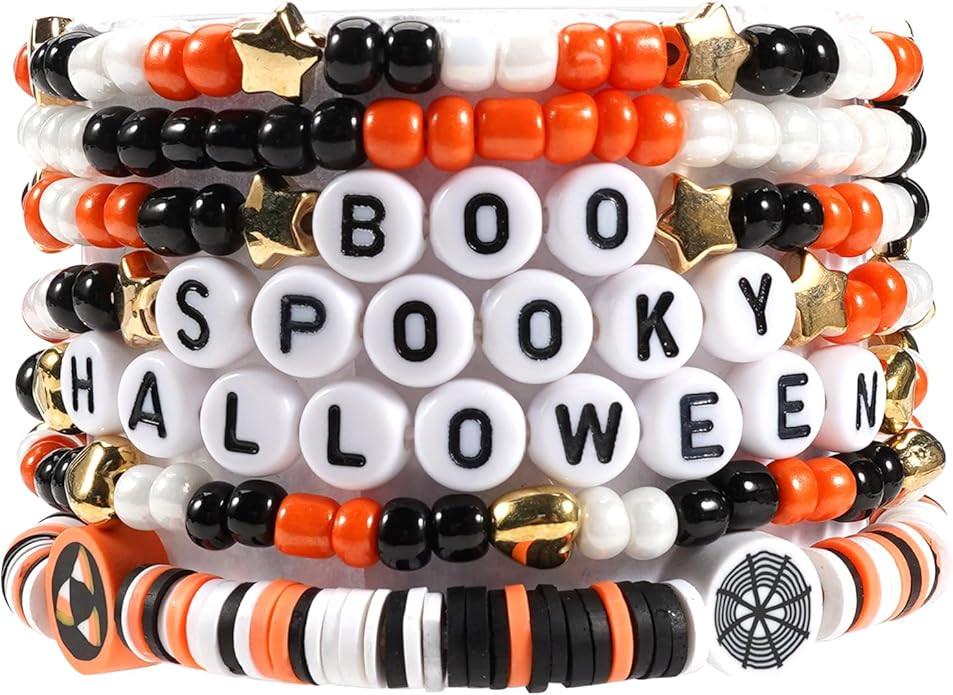 Halloween Bracelets for Women Boo Pumpkin Skull Ghosts Stretchy Beaded Bracelets Spooky Skeleton ... | Amazon (US)