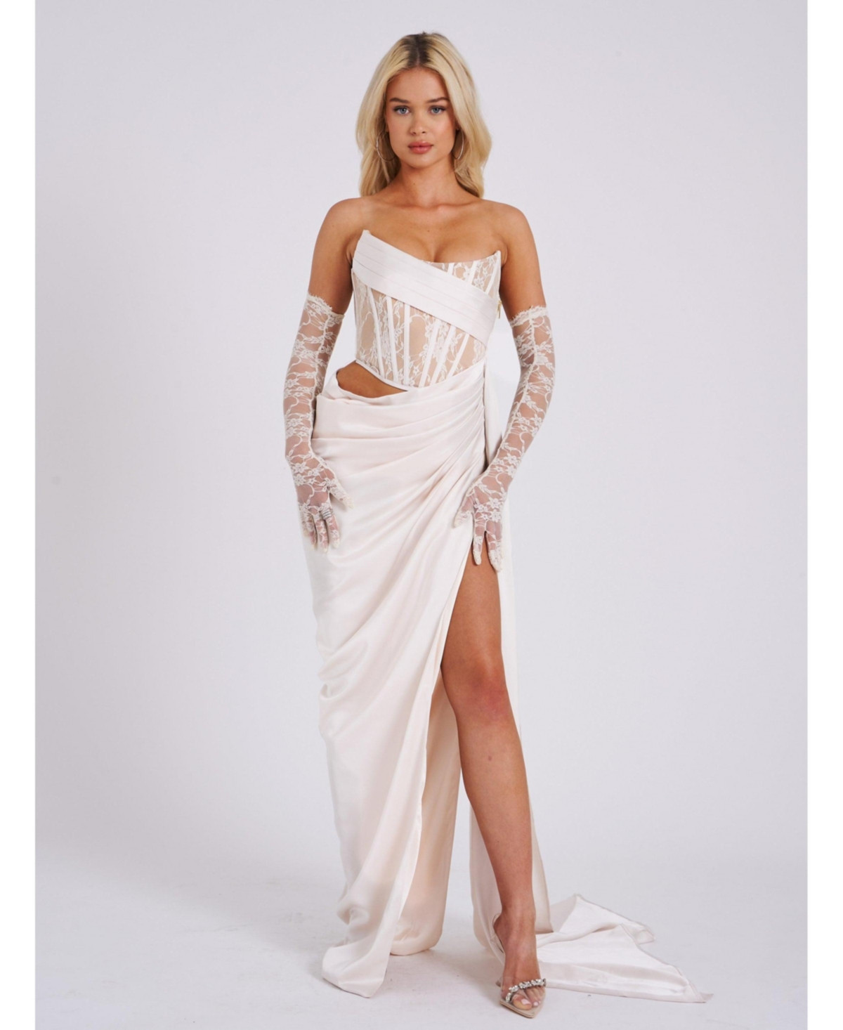 Miss Circle Women Callie Pearl White Lace Satin Corset High Slit Gown - White | Macy's