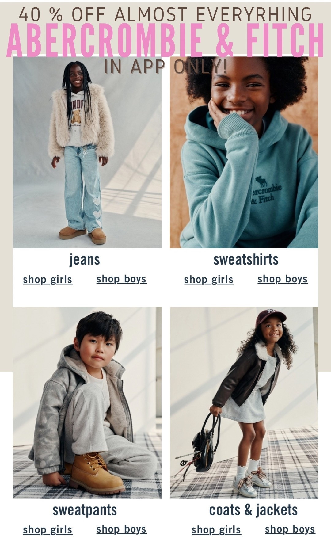 ‼️40% off almost everything at Abercrombie Kids. ⚡️Huge sale on both kids and adults site!! ⚡️
With an additional 20% off IN-APP only! 
Click the link🔗 in comments to go directly to sale page / app download.

#LTKKids #LTKSaleAlert #LTKHoliday