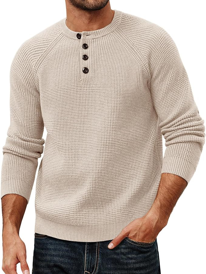 PJ PAUL JONES Mens Sweaters Casual Waffle Pullover Sweater Button Crewneck Textured Knit Henley S... | Amazon (US)