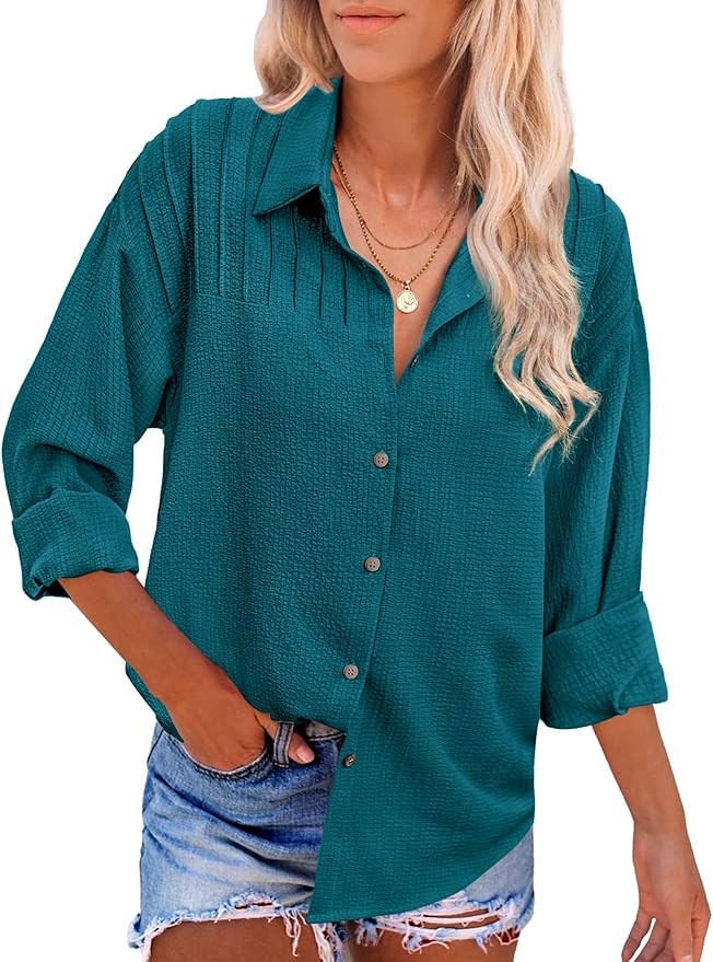 HOTOUCH Womens Long Sleeve Button Down Shirts Oversized Collared Drop Shoulder Work Tops Textured... | Amazon (US)