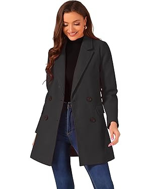 Allegra K Women's Notch Lapel Double Breasted Belted Mid Long Outwear Winter Coat | Amazon (US)