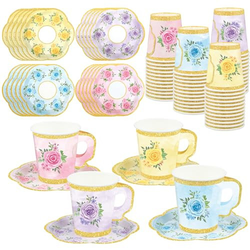 24 Sets Floral Paper Tea Cups and Saucers Disposable Tea Party Supplies Colorful Flower Teacups with Handle and Plates for Hot Cold Drink Wedding Birthday Party Baby Shower | Amazon (US)