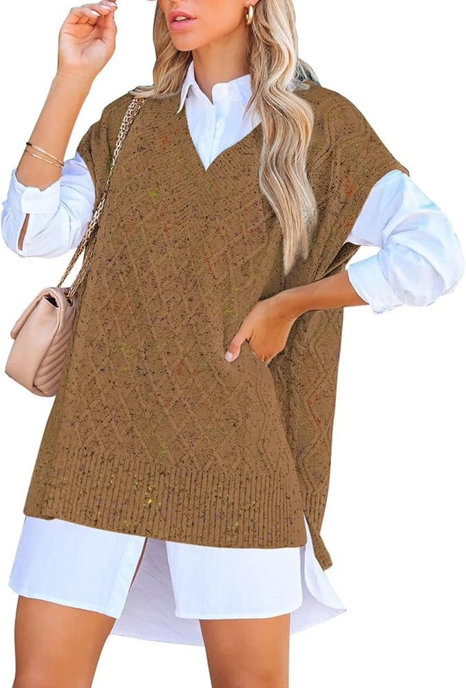 Viottiset Women's Oversized V Neck Knit Sweater Vest Tunic Sleeveless Pullover Top | Amazon (US)
