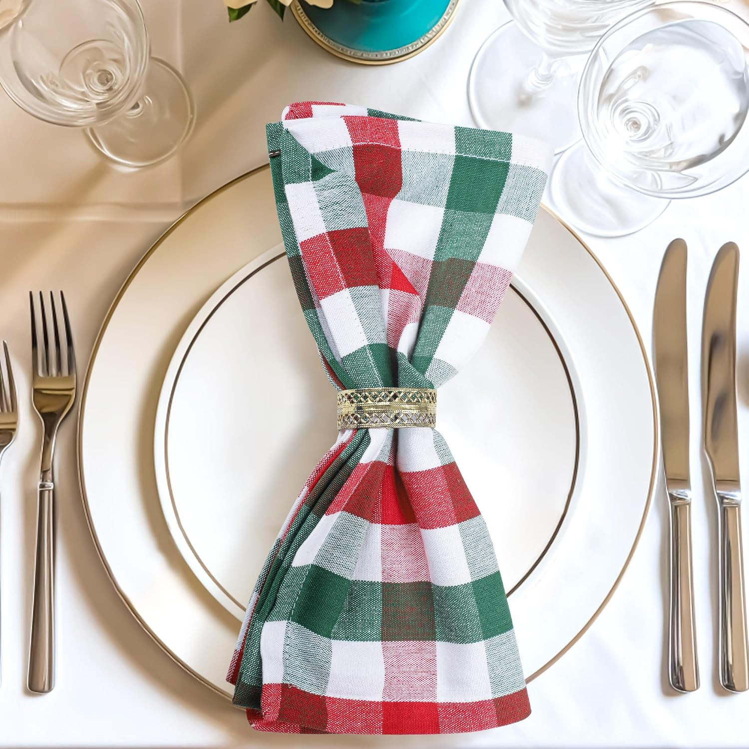 Urban Villa Set of 12 Checkered Dinner Napkins Buffalo Checks Cloth Napkins Red/Green/White Color... | Amazon (US)