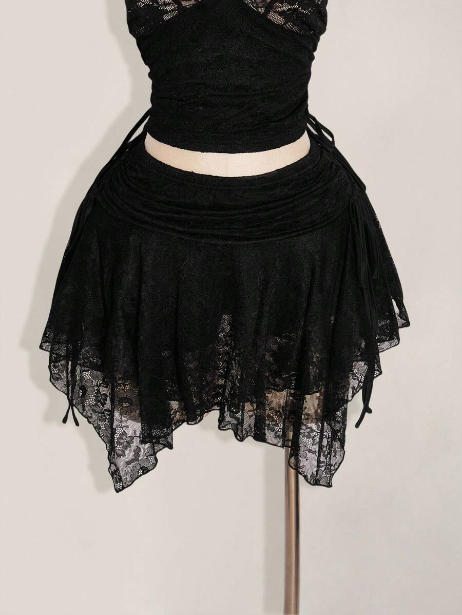 SHEIN ICON Plus Size Sexy Ruched Waist Lace Mesh Patchwork Asymmetric Hem Skirt Black Lace Skirt ... | SHEIN