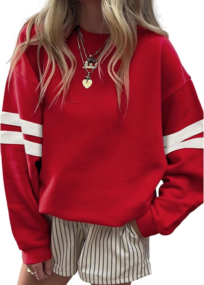 SELINK Womens Varsity Striped Oversized Sweatshirt Crewneck Long Sleeve Casual Fashion Pullover T... | Amazon (US)