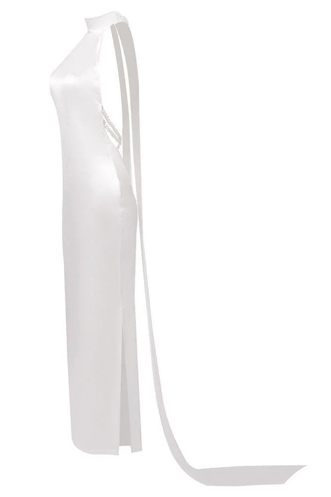Jessica Bara Ondina Halter Pearl Backless Maxi Dress Small / White | JESSICA BARA