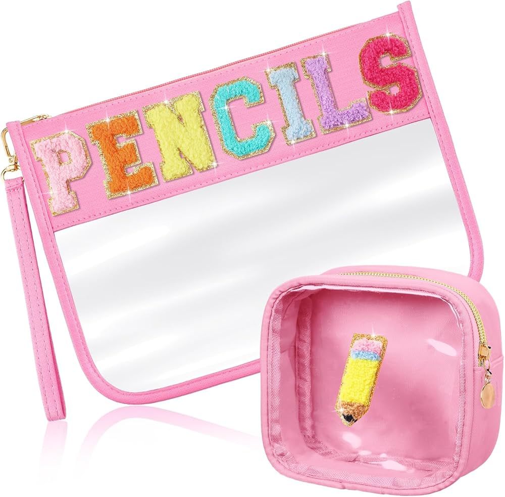 Hillban 2 Pcs Graduation Gift Preppy Pencil Case Chenille Patch Letter Makeup Bag Clear Cosmetic ... | Amazon (US)