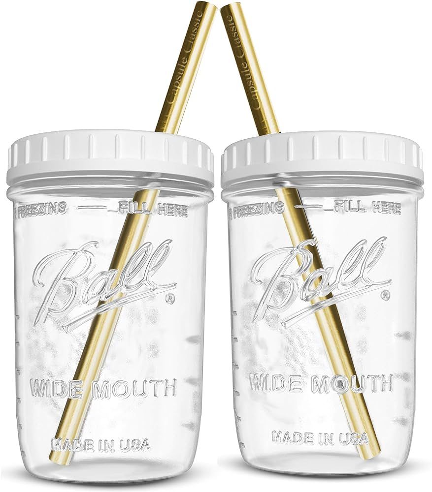 Reusable Wide Mouth Smoothie Cups for Boba Tea/Bubble Tea with Lids and Gold Straws, Mason Jars Glas | Amazon (US)