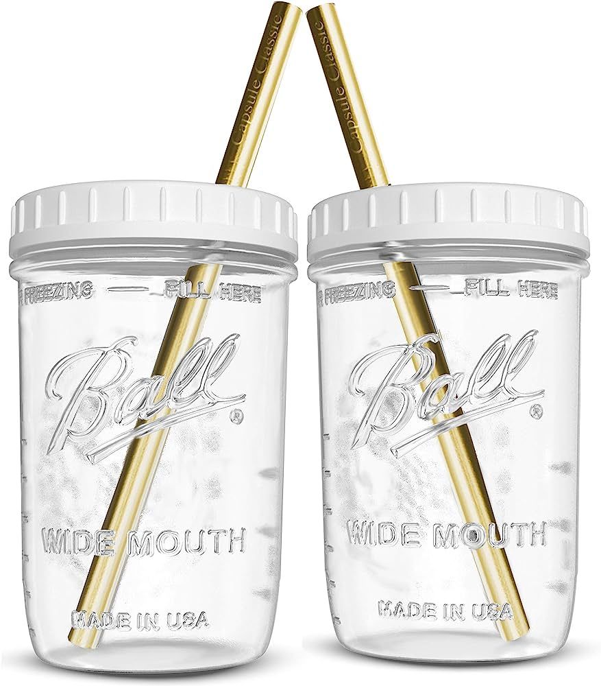 Reusable Wide Mouth Smoothie Cups for Boba Tea/Bubble Tea with Lids and Gold Straws, Mason Jars Glas | Amazon (US)