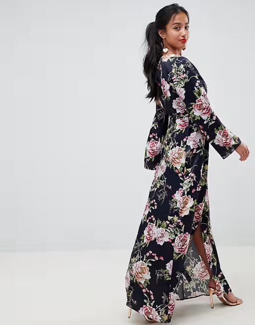 ASOS DESIGN Petite satin wrap maxi dress in navy floral print | ASOS | ASOS (Global)