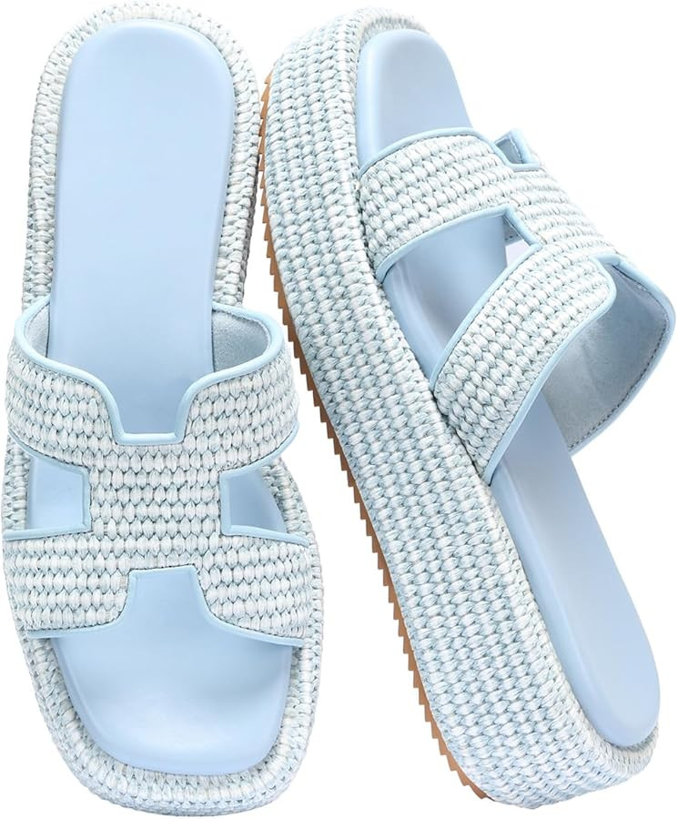 Monrovia Raffia Platform Sandals for Women Slip-On Espadrille Wedges Slides, Flatform Woven Straw... | Amazon (US)