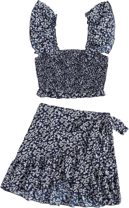 MakeMeChic Women's Two Piece Ruffle Trim Cami Crop Top and Wrap Skirt Set | Amazon (US)