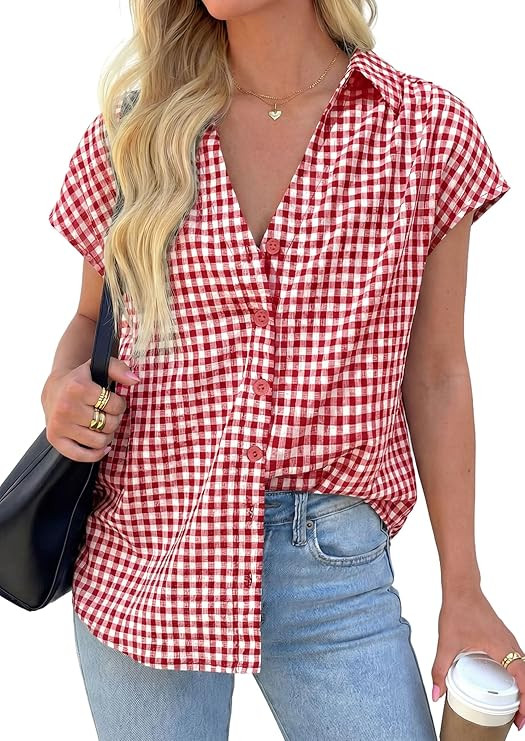 PRETTYGARDEN Womens Short Sleeve Shirts Plaid Button Down Blouse Dressy Casual 2026 Summer Spring... | Amazon (US)