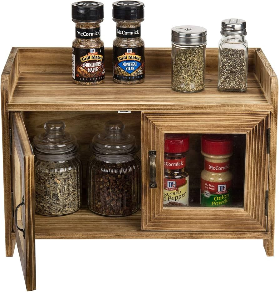 MyGift 14 Inch Rustic Burnt Wooden Storage Cabinet with Glass Window Doors and Vintage Brass Tone... | Amazon (US)