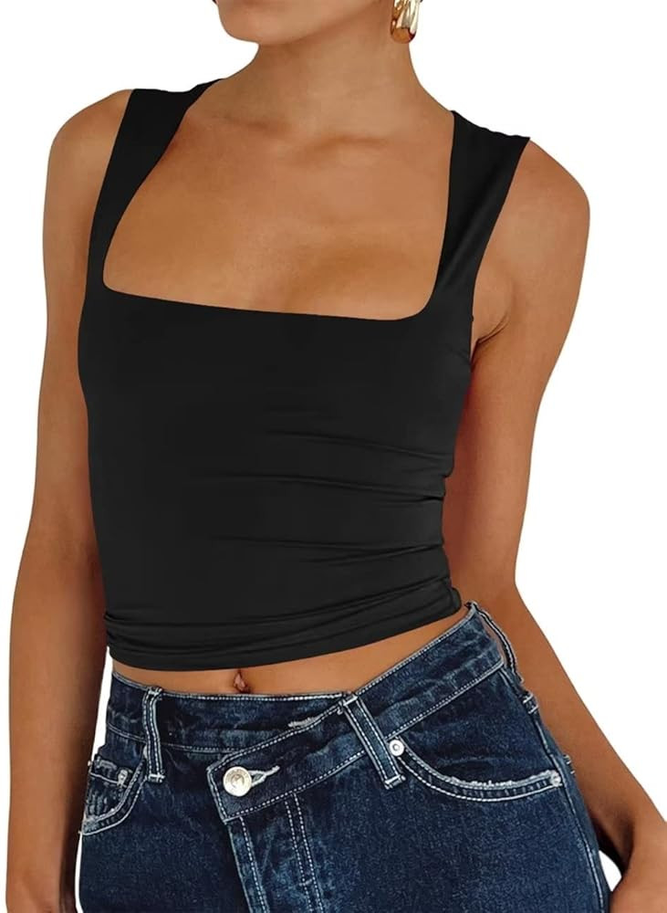 Dressmine Women's Sexy Sleeveless Crop Top Seamless Knitting Square Neck Trendy Basics Tank Top | Amazon (US)