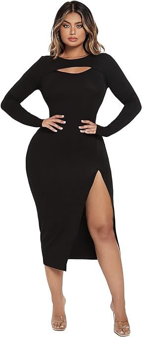 Milumia Women Cut Out Front Long Sleeve Bodycon Long Dress High Slit Party Dress | Amazon (US)
