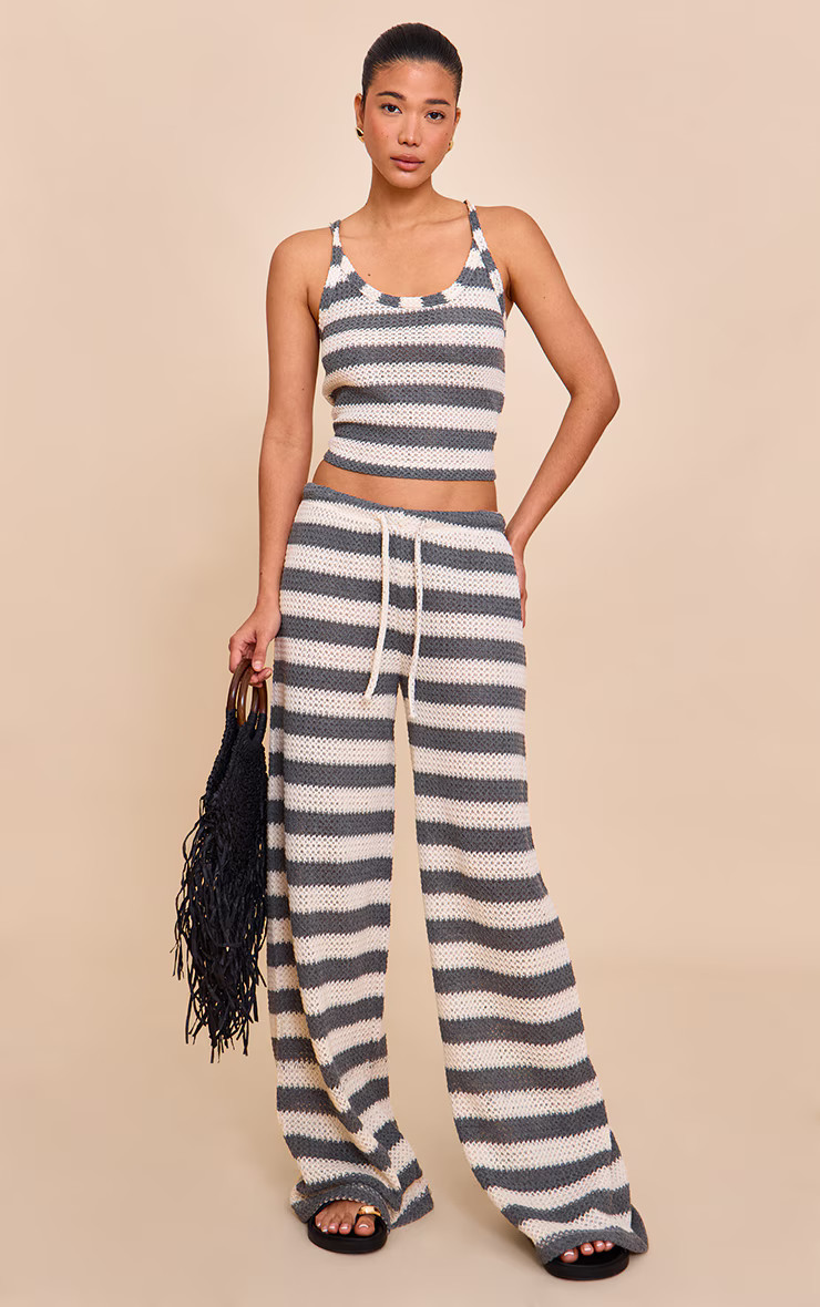 Charcoal Grey Striped Mid Rise Wide Leg Pants | Pretty Little Thing (Australia & New Zealand)