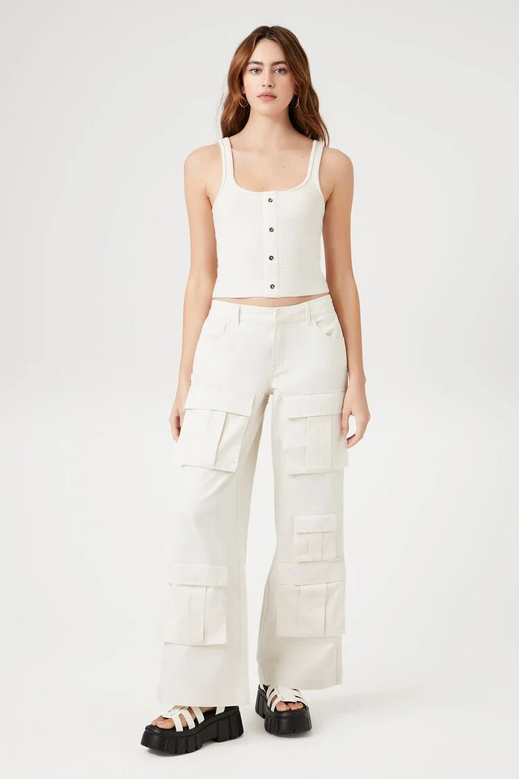 Women's Twill Wide-Leg Cargo Pants in Vanilla Large | Forever 21