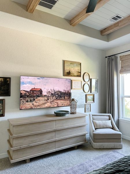 Cozy bedroom nook, tv wall, gallery wall, art prints, accent chair 

#LTKunder100 #LTKhome #LTKstyletip