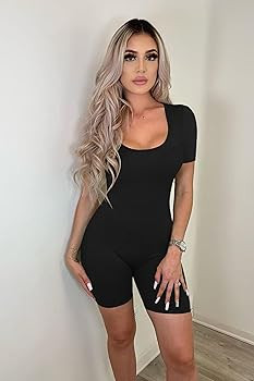 PRETTYGARDEN Women's Sexy Bodycon Jumpsuits Short Sleeve Square Neck Ribbed Knit One Piece Outfit... | Amazon (US)