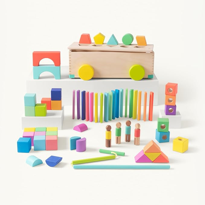 LOVEVERY | The Block Set | Solid Wood Building Blocks and Shapes + Wooden Storage Box, 70 Pieces,... | Amazon (US)