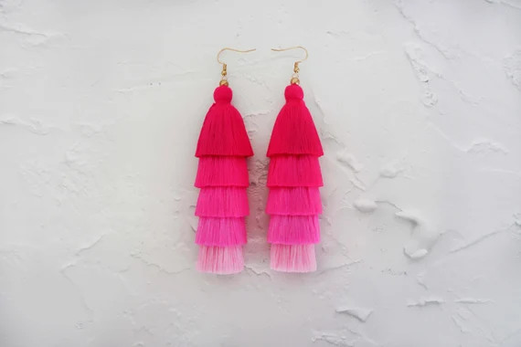 5 Layered Pink Tassel Earrings Hmong Earrings | Etsy | Etsy (US)